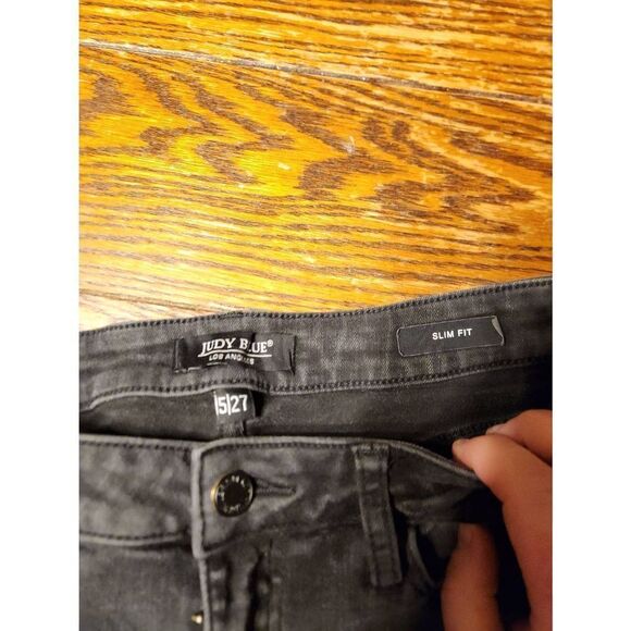 JUDY BLUE Mid Rise Black Denim Distressed Ripped Slim Fit Jeans sz 5/27 - Picture 3 of 4
